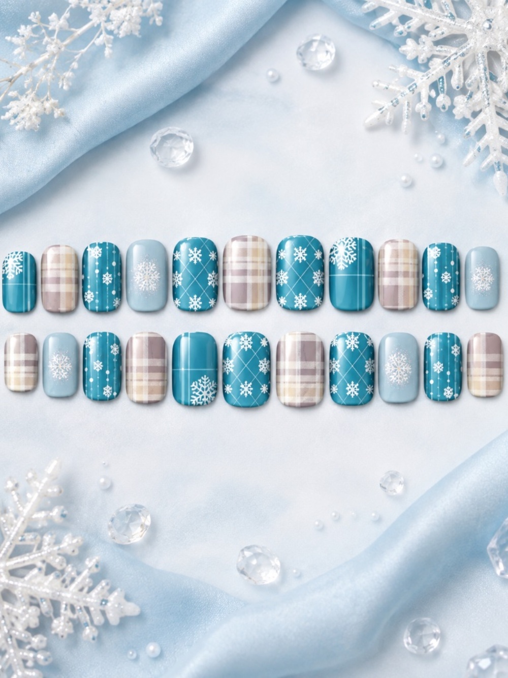 Winter Snowflake Press On Nails Teal Blue Plaid Icy Christmas Nail Set